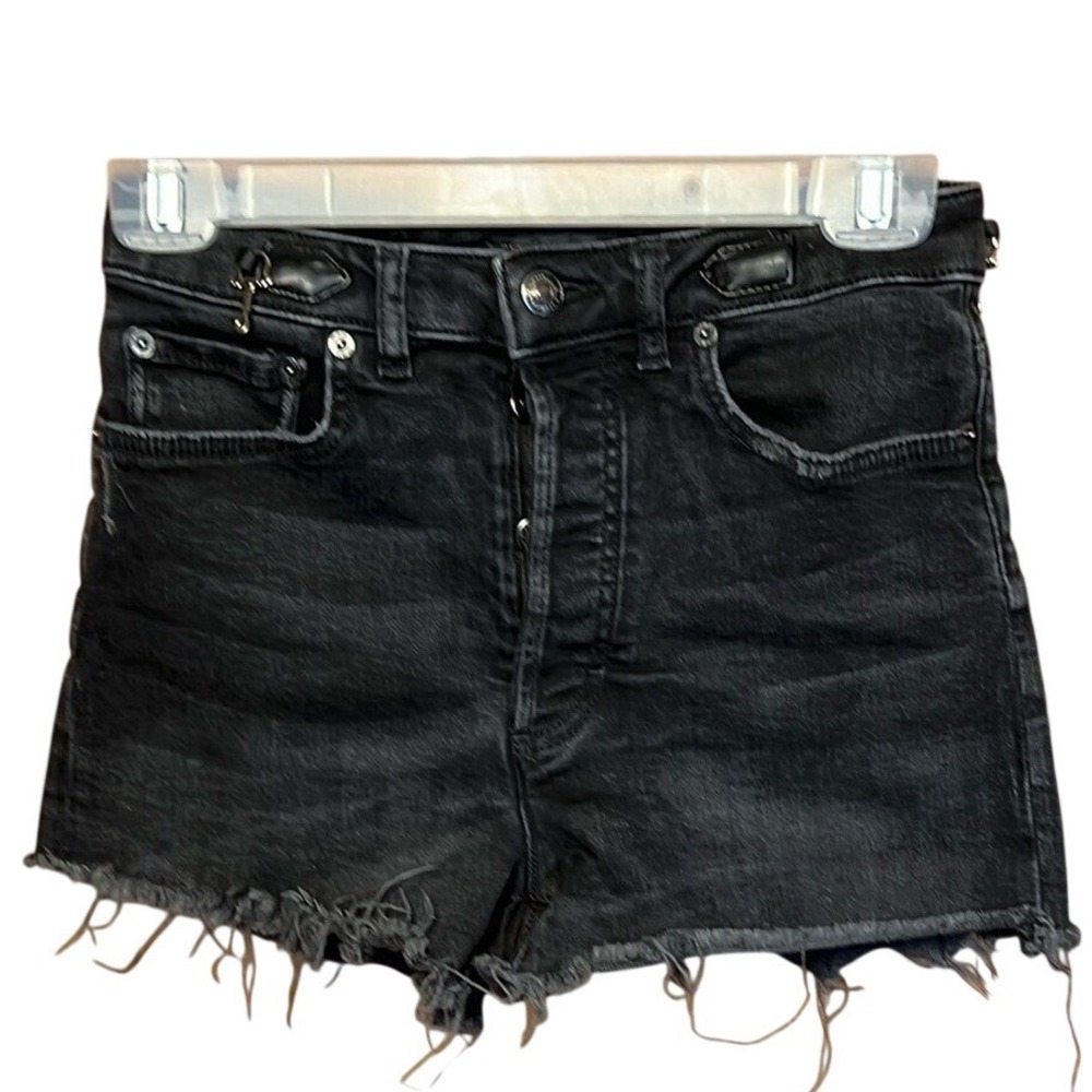Maje Mini‎ Black Denim High Waisted Cutoff Shorts 26 Distressed Frayed Hem Edgy